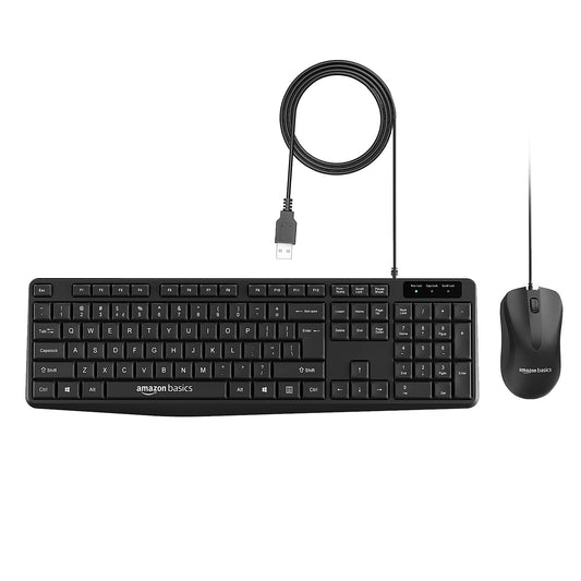 (Open Box) Amazon Basics Wired Keyboard and Mouse Combo l 1200 DPI l for Windows, Mac OS Computer (Black)