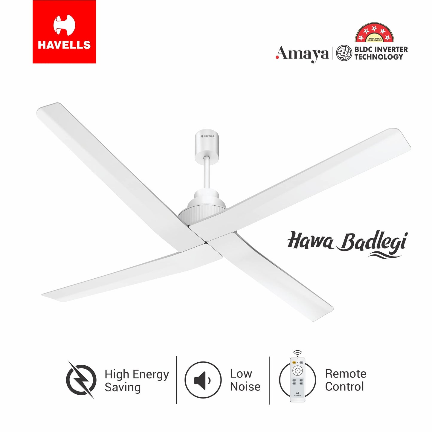 Havells Amaya 1400Mm Energy Saving With Remote Control 5 stars Decorative Bldc Ceiling Fan (Satin White)