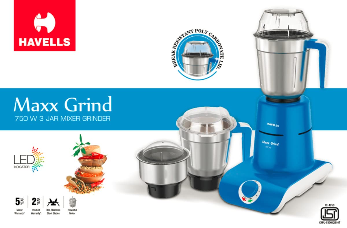 Havells Hydro Plus 1000 watt 4 Jar Mixer Grinder with Ball Bearing Motor, 22000 RPM, Wider mouth Stainless Steel Jar, Hands Free operation, SS-304 Grade Blade & 2 Yr Manufacturer Warranty