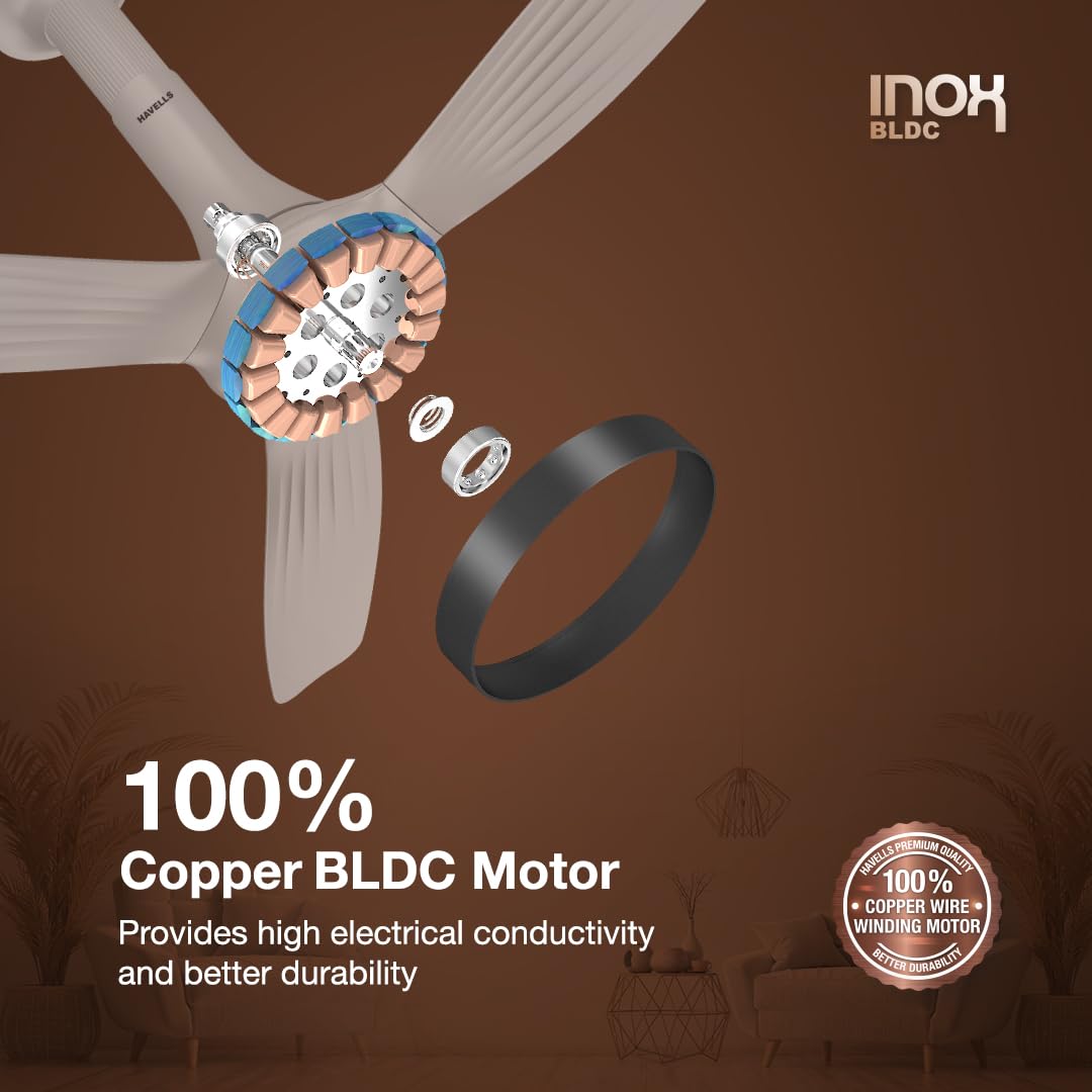 Havells 1200mm Inox BLDC Motor Ceiling Fan | Premium Look with RF Remote, 100% Copper, Upto 60% Energy Saving | Aerodynamic Ribbed Blades, Low Noise, Dust Resistant | (Pack of 1, Pearl White)