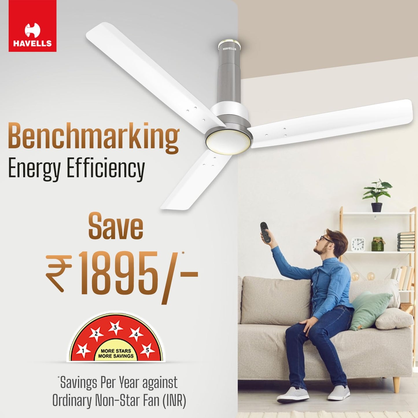 Havells 1200mm Elio BLDC Ceiling Fan | Remote Controlled, High Air Delivery Fan | 5 Star Rated, Upto 60% Energy Saving, 2+1* Year Warranty | (Pack of 1, Smoke Brown)