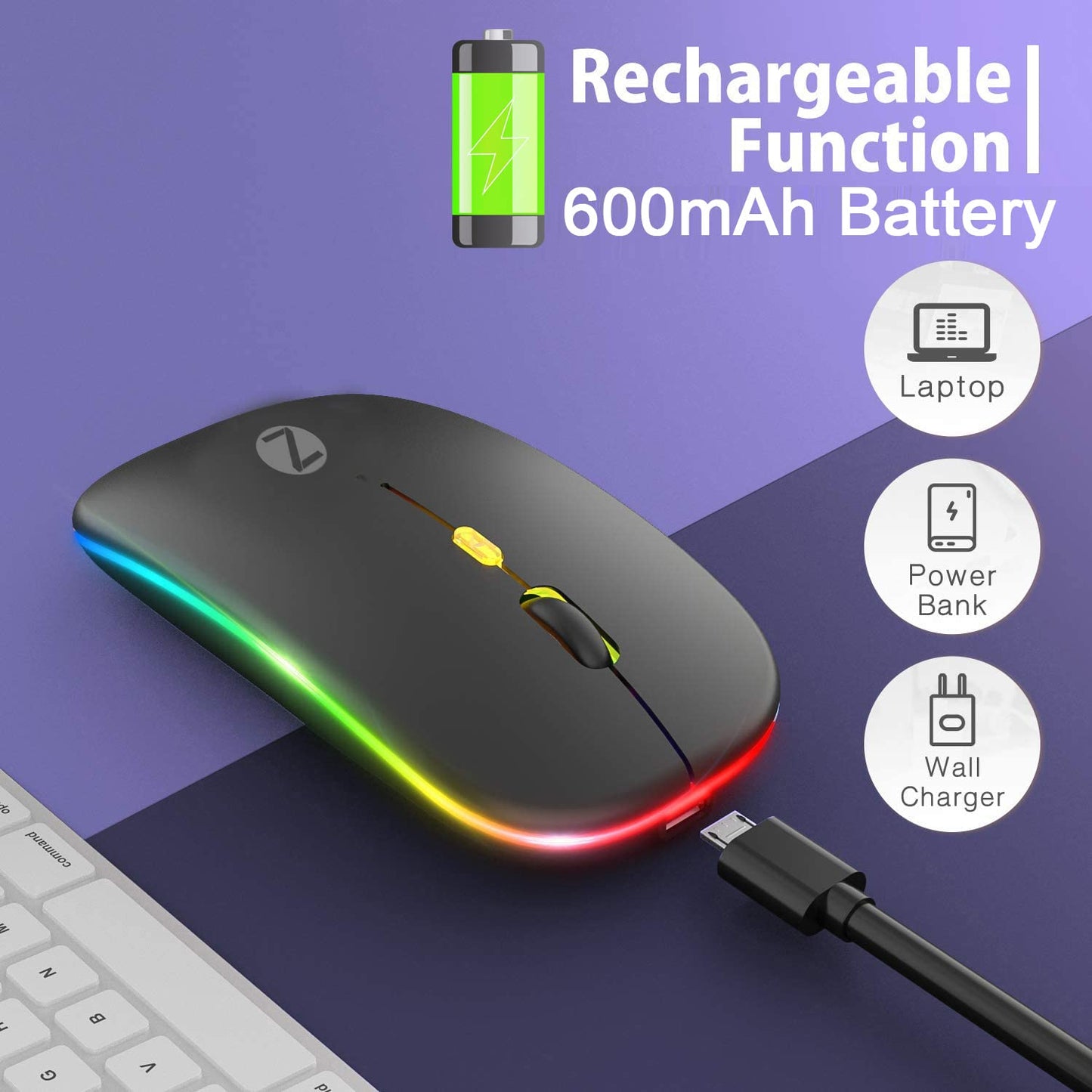 (Open Box) Zoook Blade Wireless Mouse -Rechargeable 7 Colour mice/ RGB Breathing Lights/ 3 DPI Levels/ Auto Shut Down/ Silent Click Technology/ 600 Mah Battery/ Light Weight/ Plug and Play (Black)