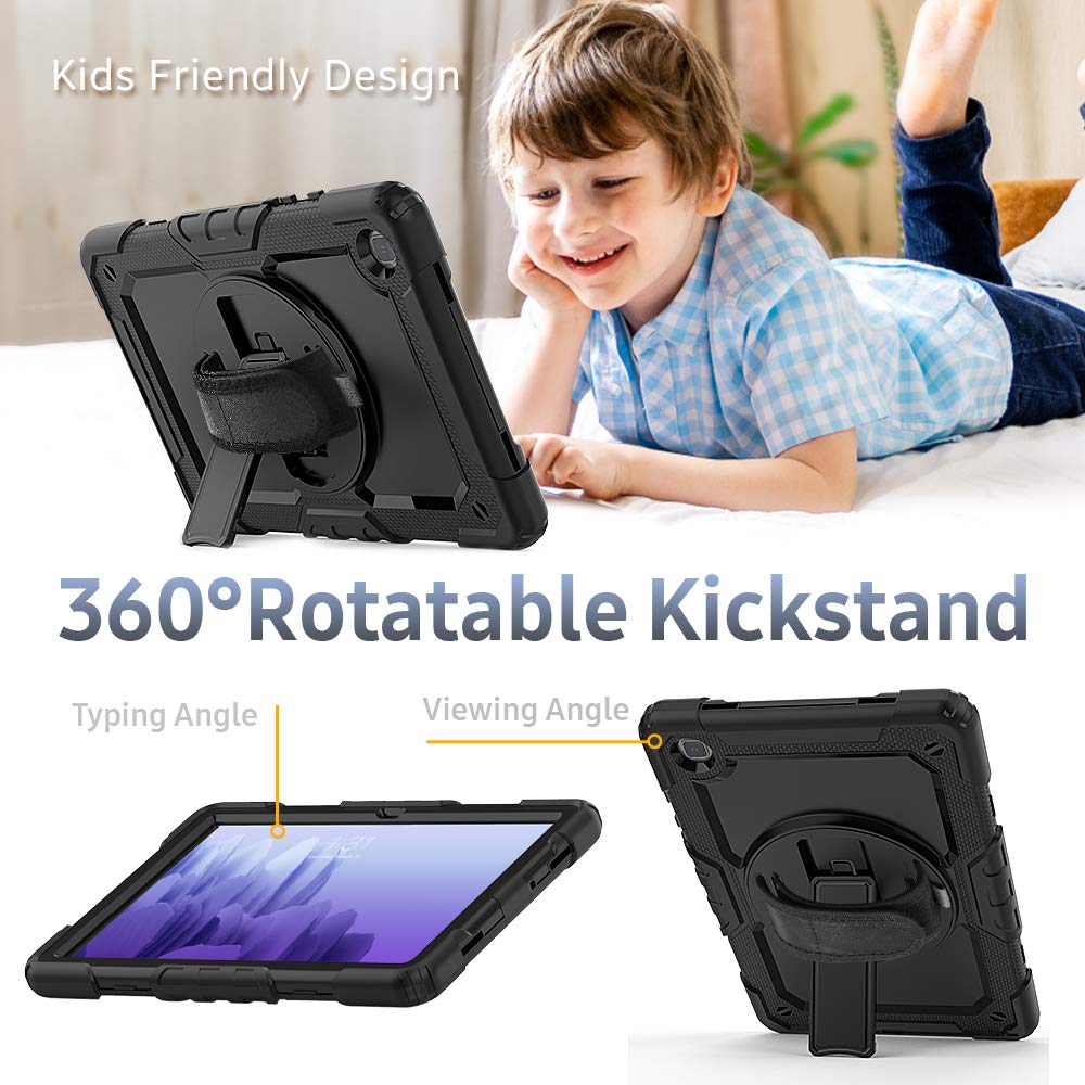 (Open Box) Robustrion Armor Full Body & Shock Proof PU Leather Case with 360 Rotating Hand Strap for Tablets Samsung Galaxy Tab A7 10.4"(26.4 cm) [SM-T500/T505/T507] 2020 - Black & Black