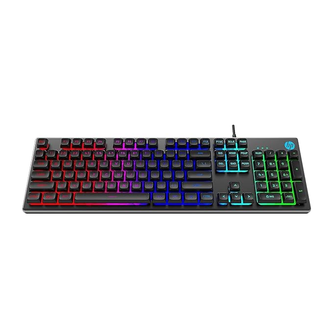 (Open Box) HP K500F Backlit Membrane Wired Gaming Keyboard with Mixed Color Lighting, Metal Panel with Logo Lighting, 26 Anti-Ghosting Keys, and Windows Lock Key (7ZZ97AA)