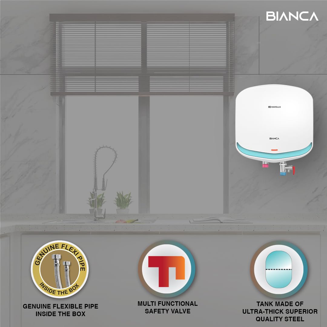 Havells Bianca 15 Litre Storage Wall Mount Water Heater | Temp. Knob, Glass Coated Tank, 5 Star Rated | Warranty: 7 Year On Tank, (Free Flexi Pipes, Installation & Shock Safe Plug) | (White)