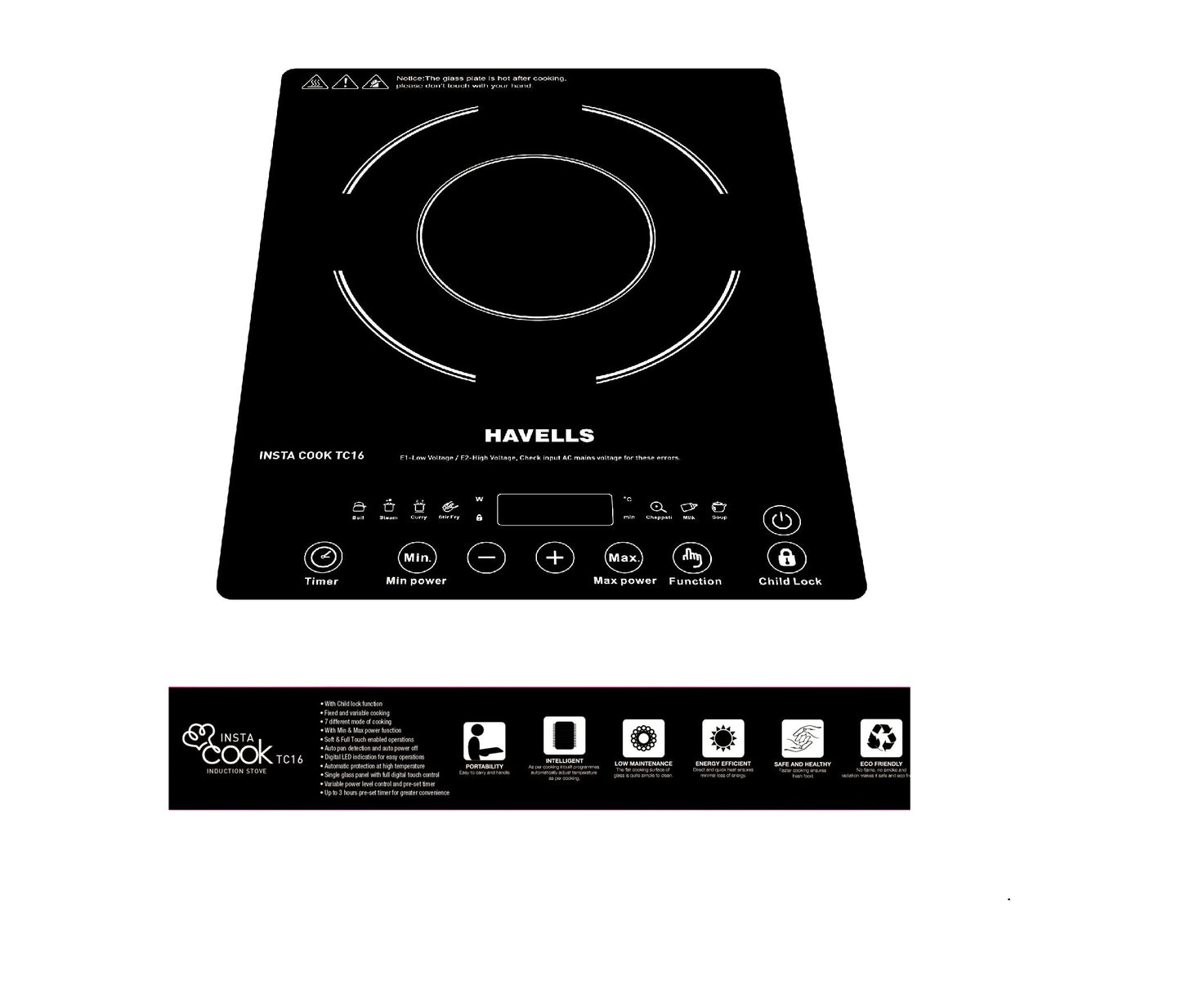 Havells Induction Glass Ceramic Cooktop Tc20 With 9 Cooking Modes Bis Approved 2000 Watt With 3 Year Coil Warranty - Black