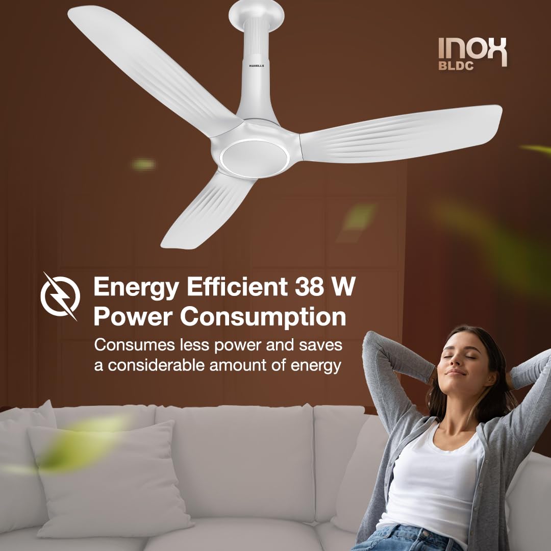 Havells 1200mm Inox BLDC Motor Ceiling Fan | Premium Look with RF Remote, 100% Copper, Upto 60% Energy Saving | Aerodynamic Ribbed Blades, Low Noise, Dust Resistant | (Pack of 1, Pearl White)