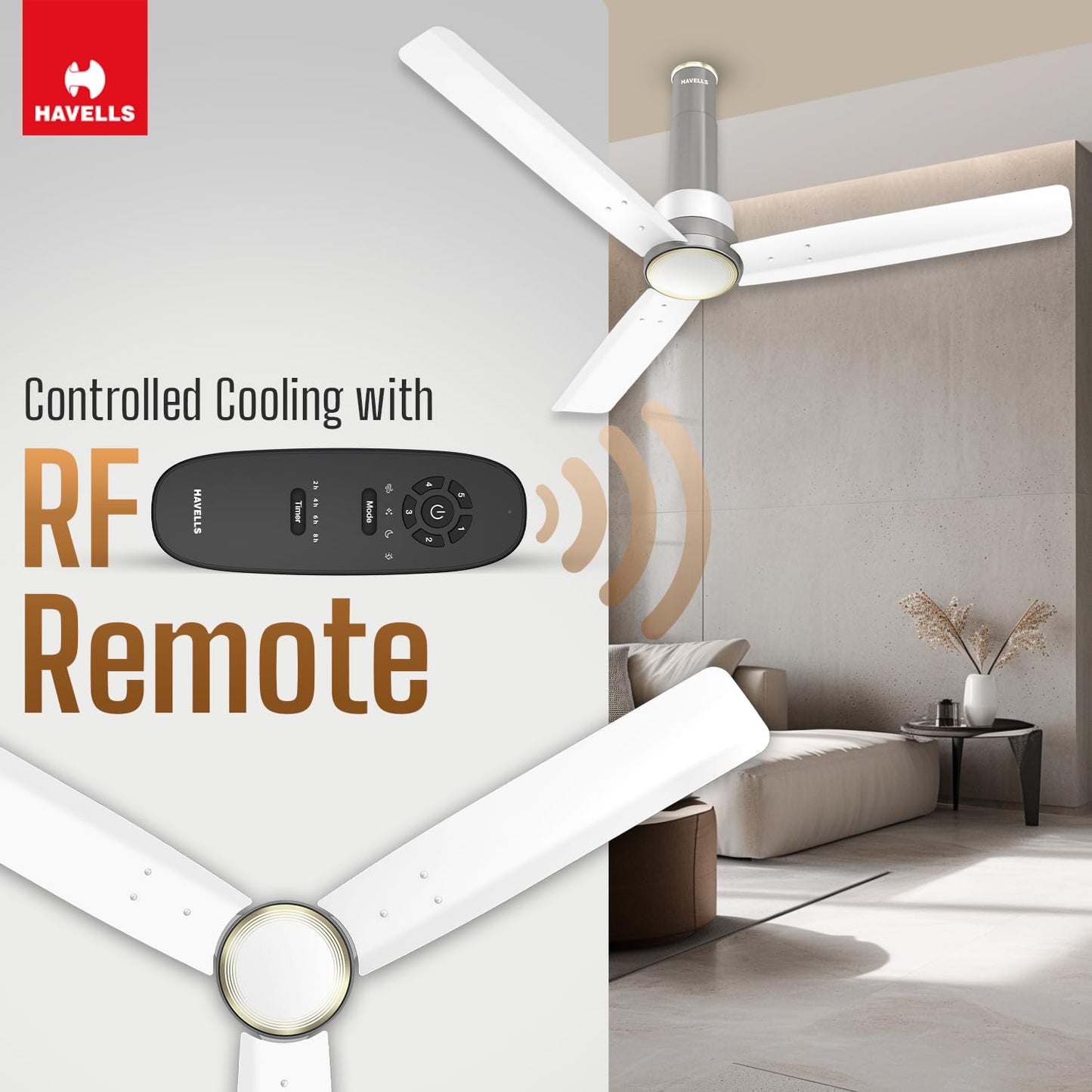 Havells 1200mm Elio BLDC Ceiling Fan | Remote Controlled, High Air Delivery Fan | 5 Star Rated, Upto 60% Energy Saving, 2+1* Year Warranty | (Pack of 1, Smoke Brown)