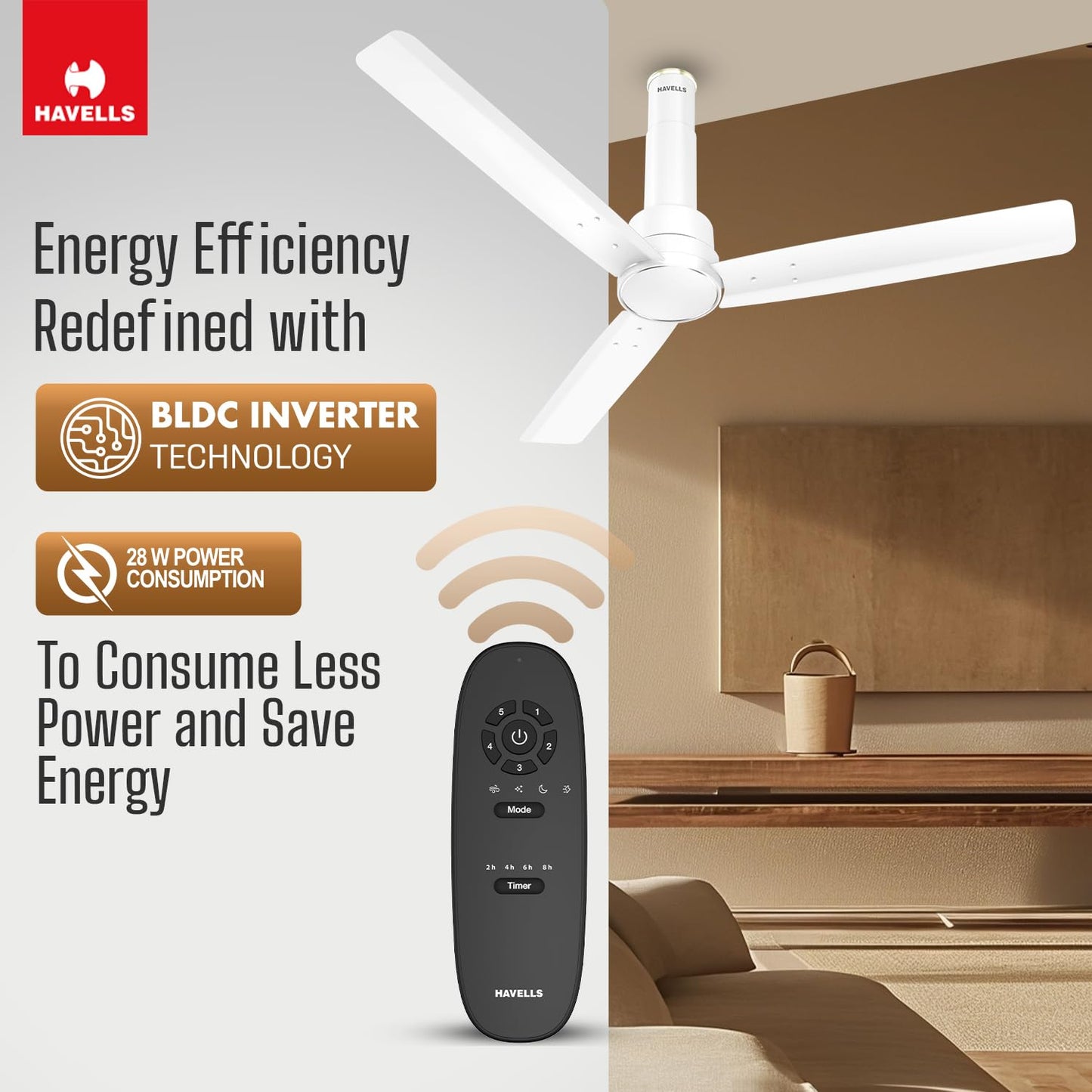 Havells 1200mm Elio BLDC Ceiling Fan | Remote Controlled, High Air Delivery Fan | 5 Star Rated, Upto 60% Energy Saving, 2+1* Year Warranty | (Pack of 1, Smoke Brown)