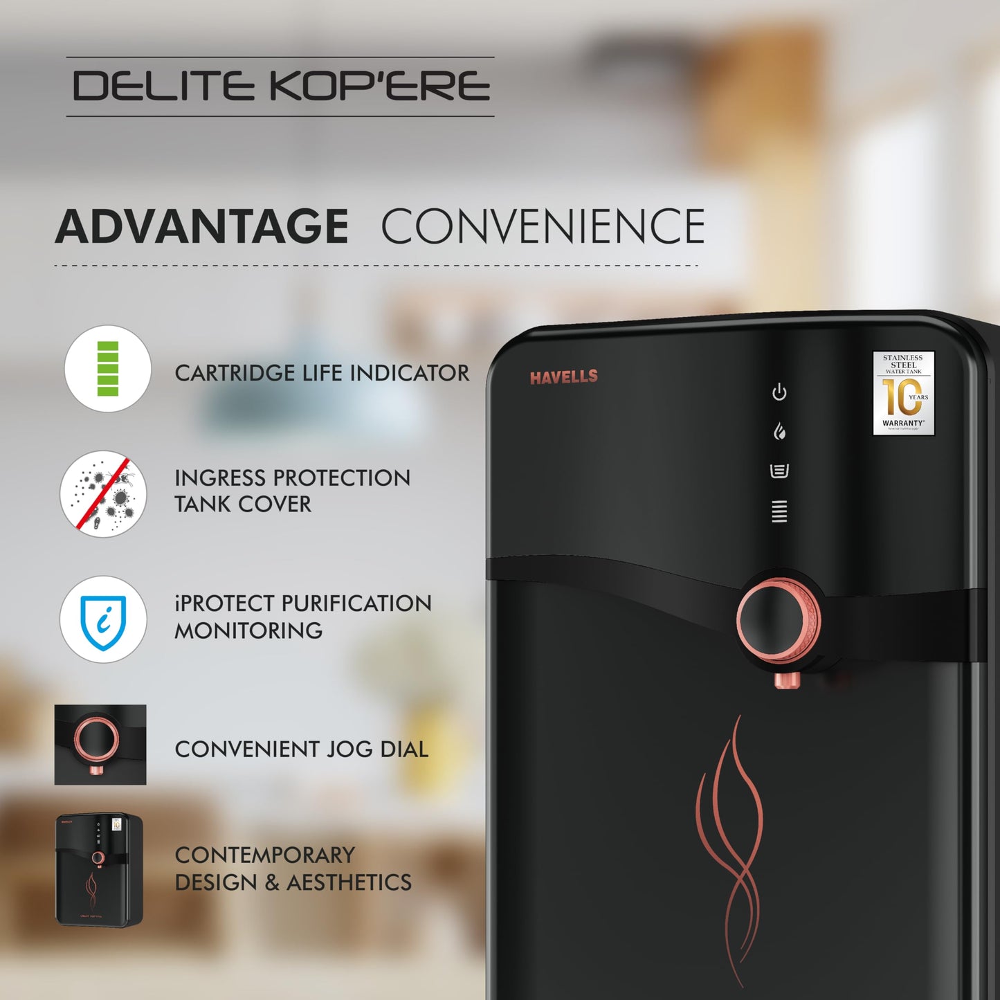 Havells Delite Kop'ere Water Purifier (Black), RO+UV+pH Balance, 7 Stages, 6.5L Stainless Steel Tank,Copper+Zinc+Minerals, Suitable for Borwell, Tanker & Municipal Water