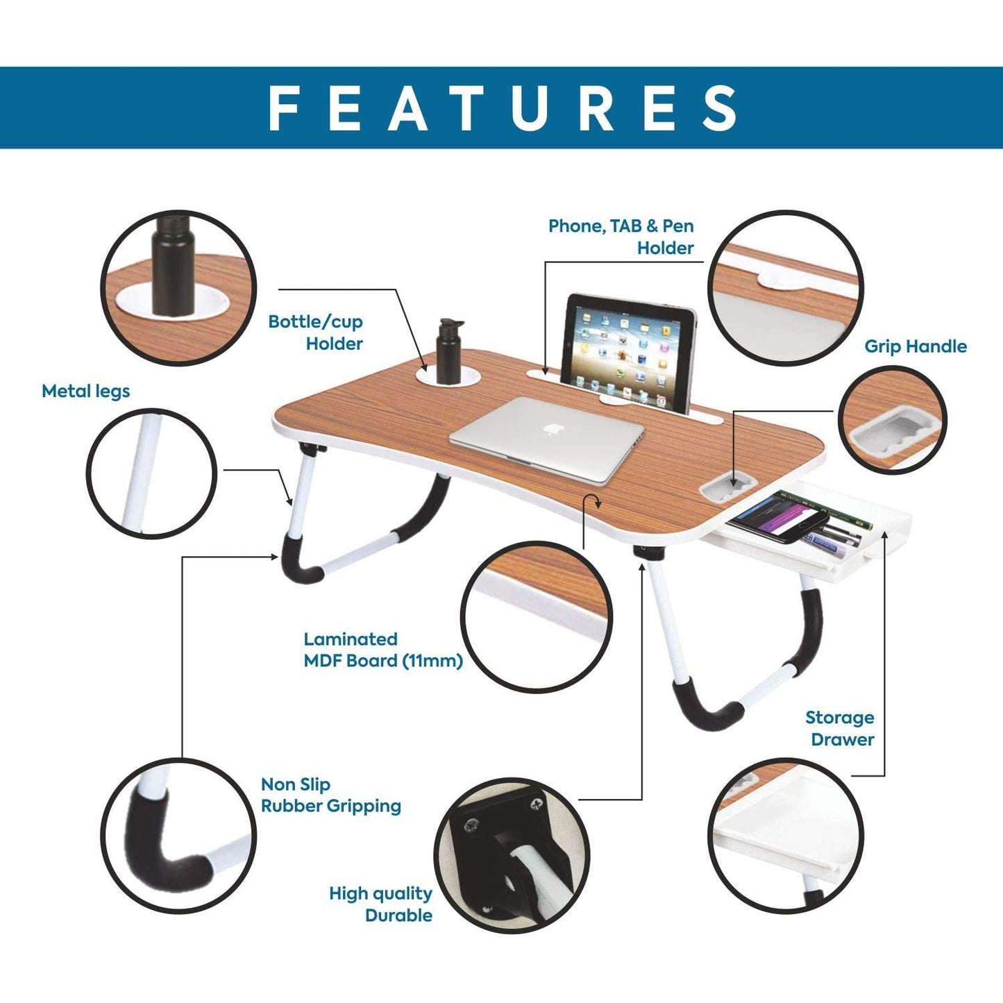 (Open Box) Callas Multipurpose Foldable Laptop Table with Cup Holder | Drawer | Mac Holder | Study Table, Breakfast Table, Foldable and Portable/Ergonomic & Rounded Edges/Non-Slip Legs (WA-27-Black) | Metal