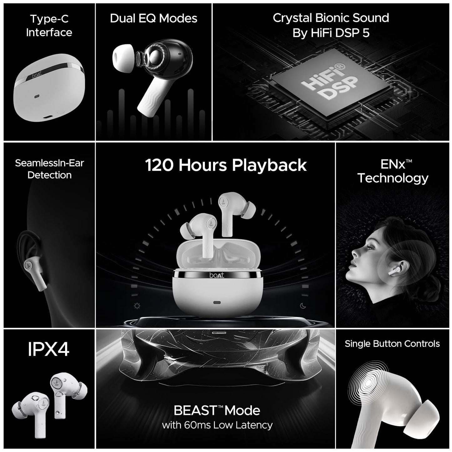 (Open Box) boAt Nirvana Ion ANC 120HRS Battery, Crystal Bionic Sound w/Dual EQ Modes, 4Mics ENx, App Support, Low Latency, IPX4, v.5.2 Bluetooth TWS in Ear Earbuds Wireless Earphones with mic