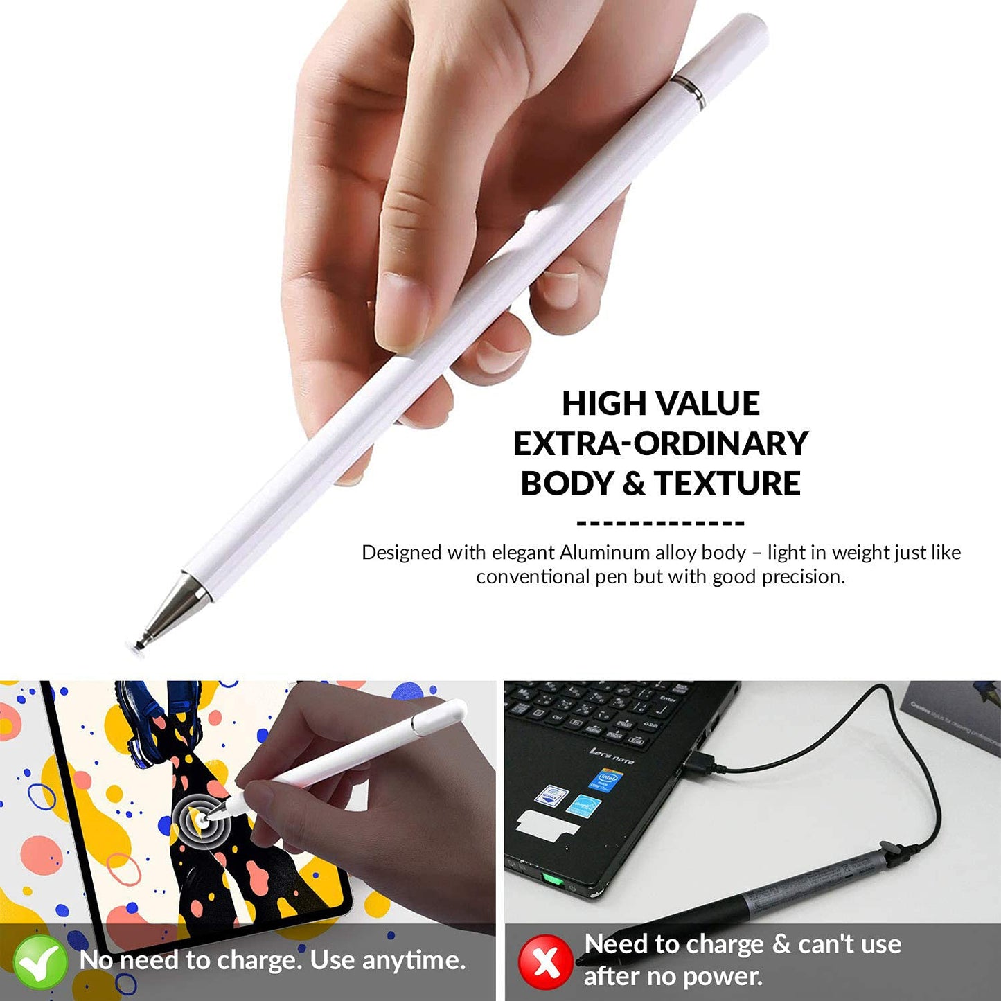 Dyazo Aluminium Fine Point Stylus Pen with Spare Disk for Touch Screens Devices, Compatible with iPad/iPhone/X/XR, Amazon Kindle and All Android/iOS Smart Phones and Tablets (White)