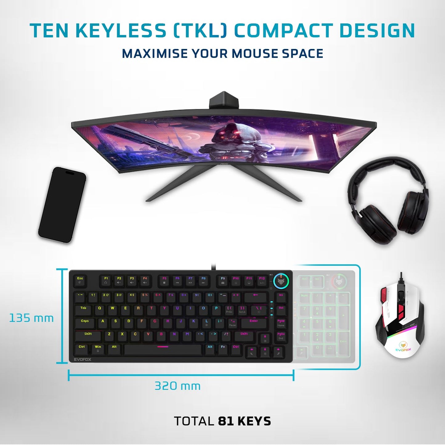 (Open Box) EvoFox Katana X2 TKL Mechanical Gaming Keyboard | 3‑Pin Replaceable Clicky Blue Switches, Dynamic Backlighting, All Keys Anti‑Ghosting, Volume Knob, Copilot, Xbox Gamebar, Screenshot & More (Black)