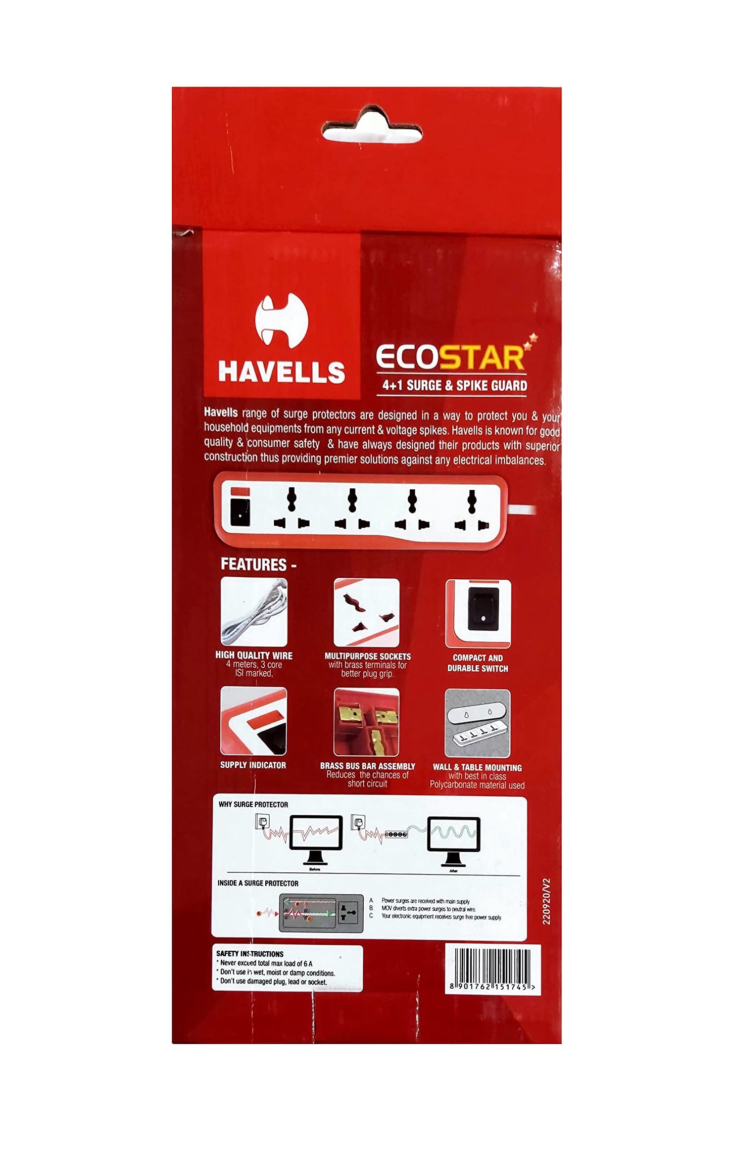 Havells EcoStar 4+1 Surge & Spike Guard with 2 Mtr. Wire