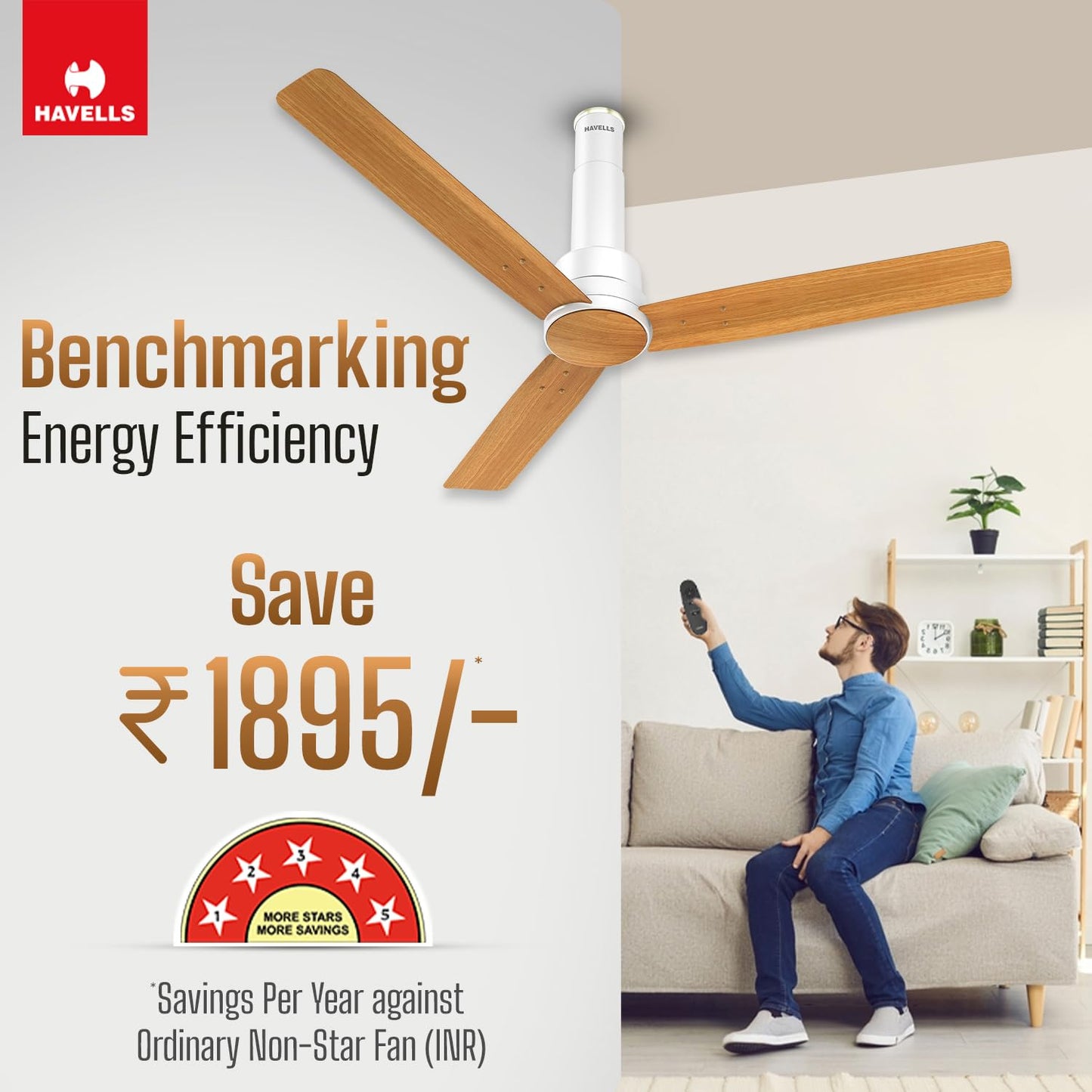 Havells 1200mm Elio BLDC Ceiling Fan | Remote Controlled, High Air Delivery Fan | 5 Star Rated, Upto 60% Energy Saving, 2+1* Year Warranty | (Pack of 1, Smoke Brown)