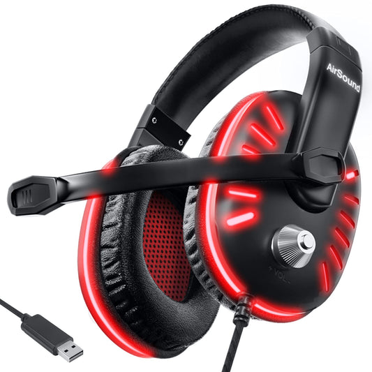 (Open Box) AirSound Gaming Over-Ear Headset Headphone| Red LED Lights| 7.1 Surround Sound| Noise Cancelling Mic| Volume Control, USB Interface for All Laptop (Alpha-2)