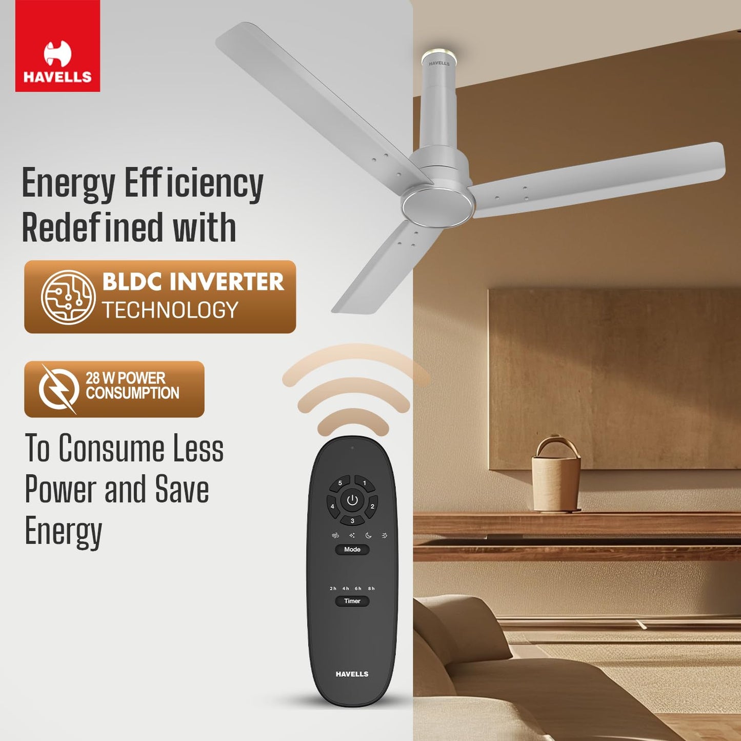 Havells 1200mm Elio BLDC Ceiling Fan | Remote Controlled, High Air Delivery Fan | 5 Star Rated, Upto 60% Energy Saving, 2+1* Year Warranty | (Pack of 1, Smoke Brown)