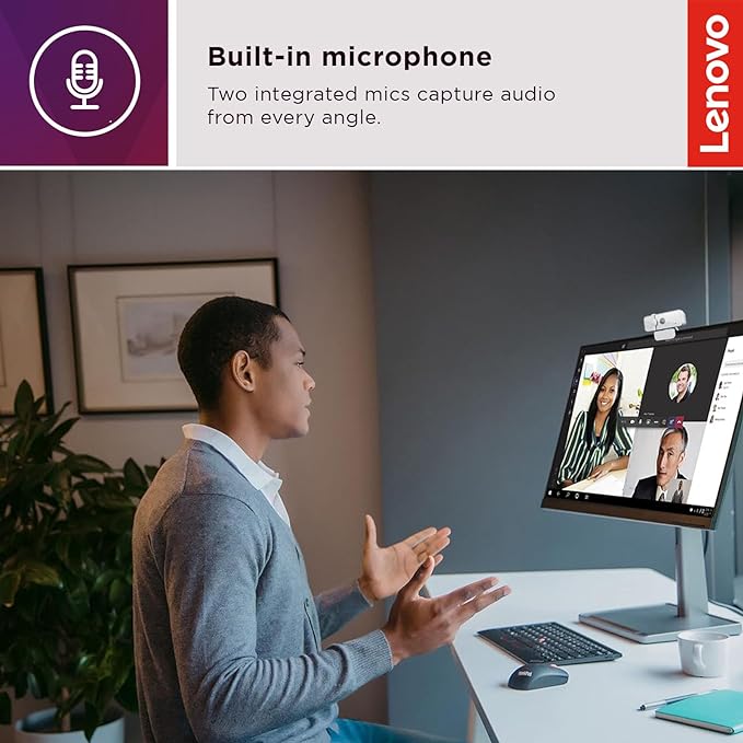 (Open Box) Lenovo 300 FHD Webcam with Full Stereo Dual Built-in mics | FHD 1080P 2.1 Megapixel CMOS Camera |Ultra-Wide 95 Lens, Digital Zoom | 360 Rotation | Flexible Mount, Cloud Grey