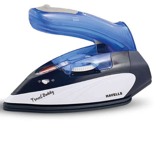 Havells Plastic Travel Buddy 800 Watt Steam Iron With Steam Burst, Cermanic Sole Plate, Foladable Handle, Horizontal & Vertical Steaming, 2 Years Warranty. (Blue Grey), 800 Watts