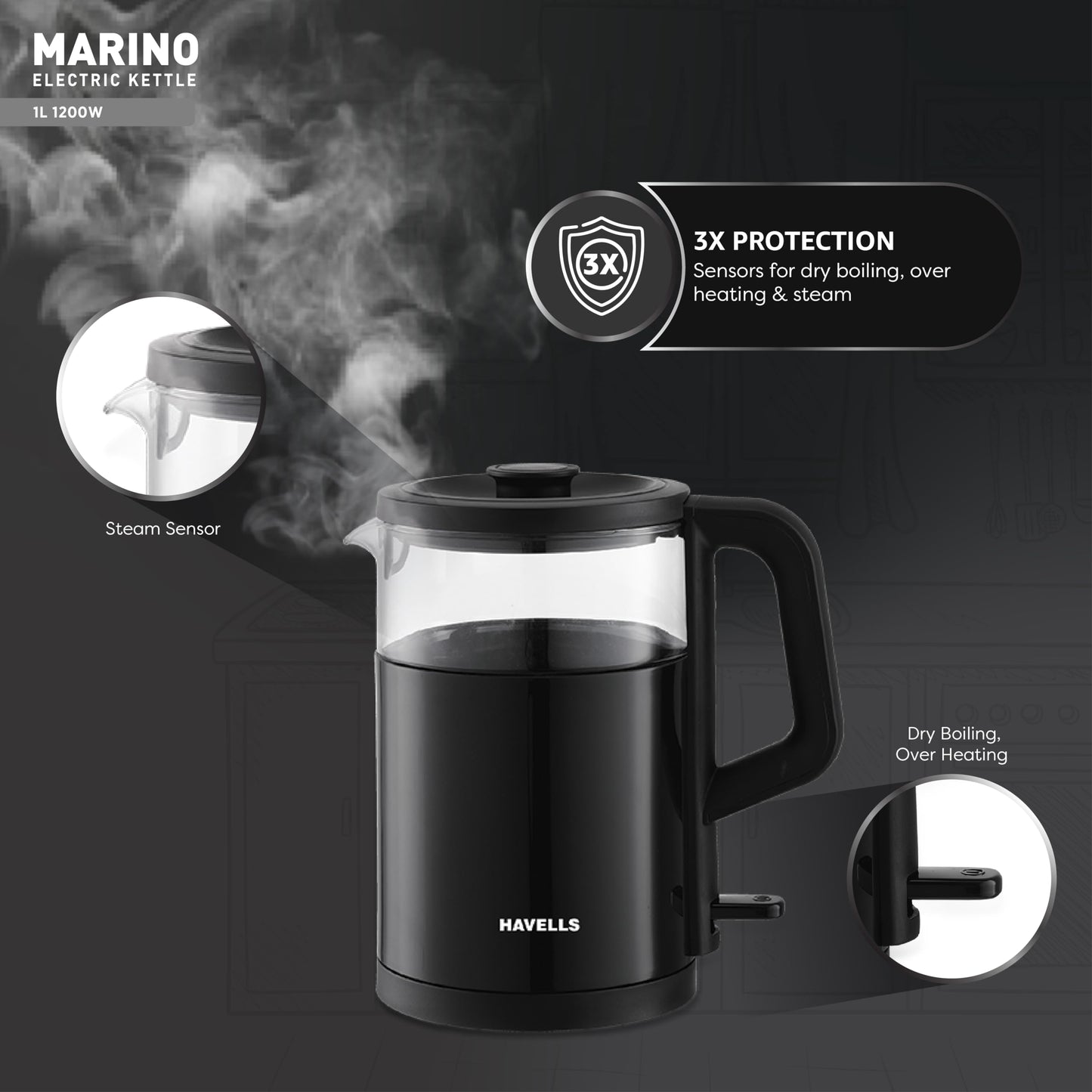 Havells MARINO Low Noise Glass Electric Kettle 1L|1200W Borosilicate Glass inner & Cool Touch Outer Body| Detachable LID|304 Rust Resistant SS Base|2 Yr Manufacturer Warranty (Black)