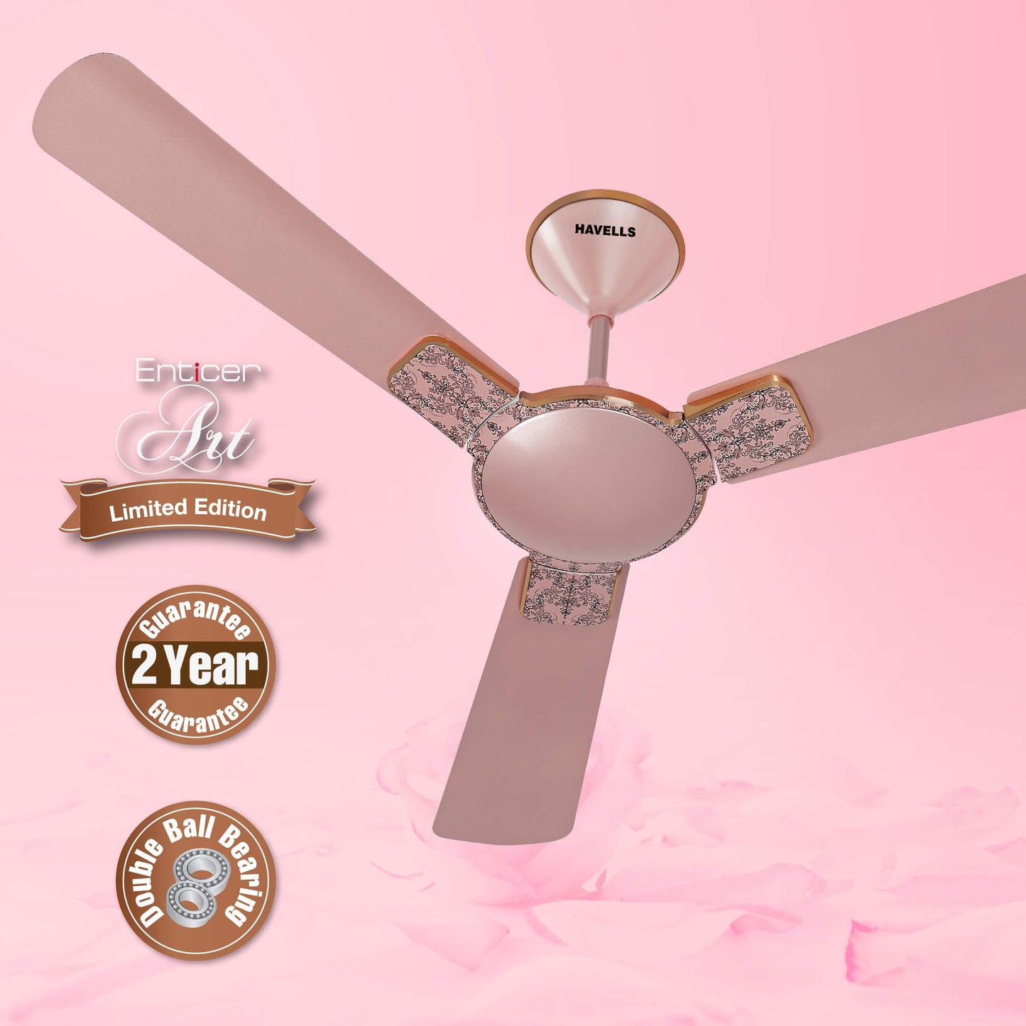 Havells Enticer Art Collector Edition 1200mm Decorative, Dust Resistant, High Power in Low Voltage (HPLV), High Speed Ceiling Fan (Rose Gold)