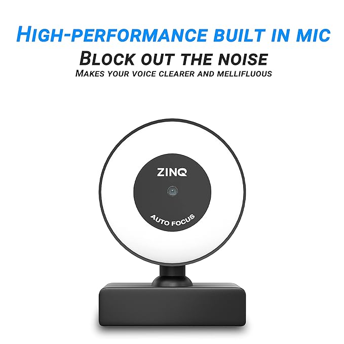 (Open Box) Zinq Technologies Full HD 1080P 2.1 Megapixel 30 FPS Auto Focus Webcam with Ring LED for Night Vision, Web Camera with Built-in Mic for Video Calling, Live Streaming, Online Classes PC/Mac/Laptop (Black, ZQ1080RL)