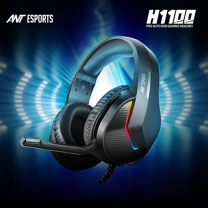 (Open Box) Ant Esports H1100 Pro RGB Wired Over Ear Gaming Headphones with Mic for PC / PS4 / PS5 / Xbox One / Switch1, Carbon Black