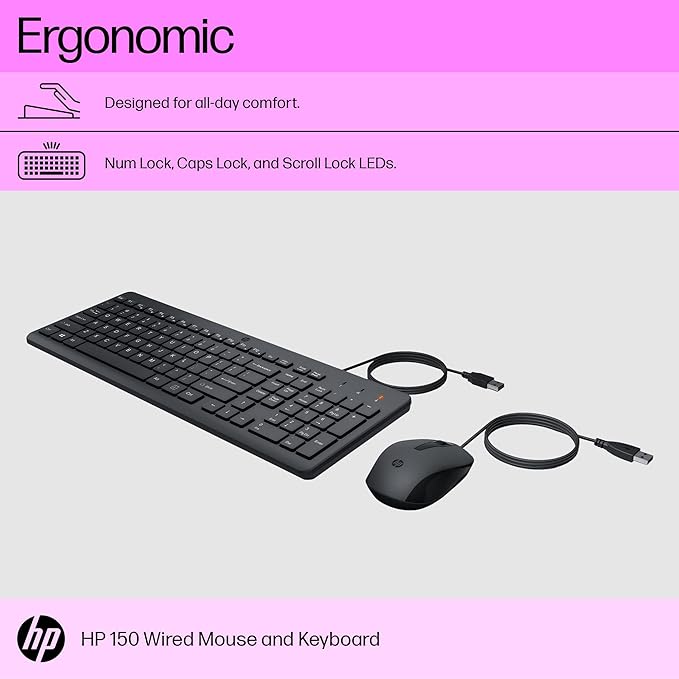 (Open Box) HP 150 Wired Keyboard and Mouse Combo with Instant USB Plug-and-Play Setup, 12 Shortcut Keys, 6å¡ Adjustable Slope Keyboard and 1600 DPI Optical Sensor Mouse (3-Years Warranty, 240J7AA)