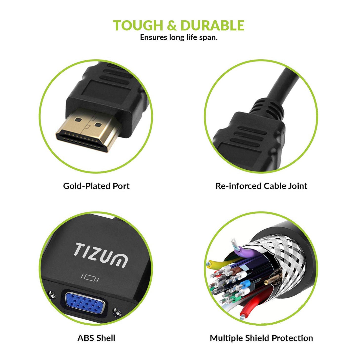 (Open Box)Tizum HDMI to VGA Adapter/Connector/Converter Cable 1080P (Male to Female) for Media Players, Xbox, Projector, Computer, Laptop, TV & More | Full HD Resolution | Compact Design | Black