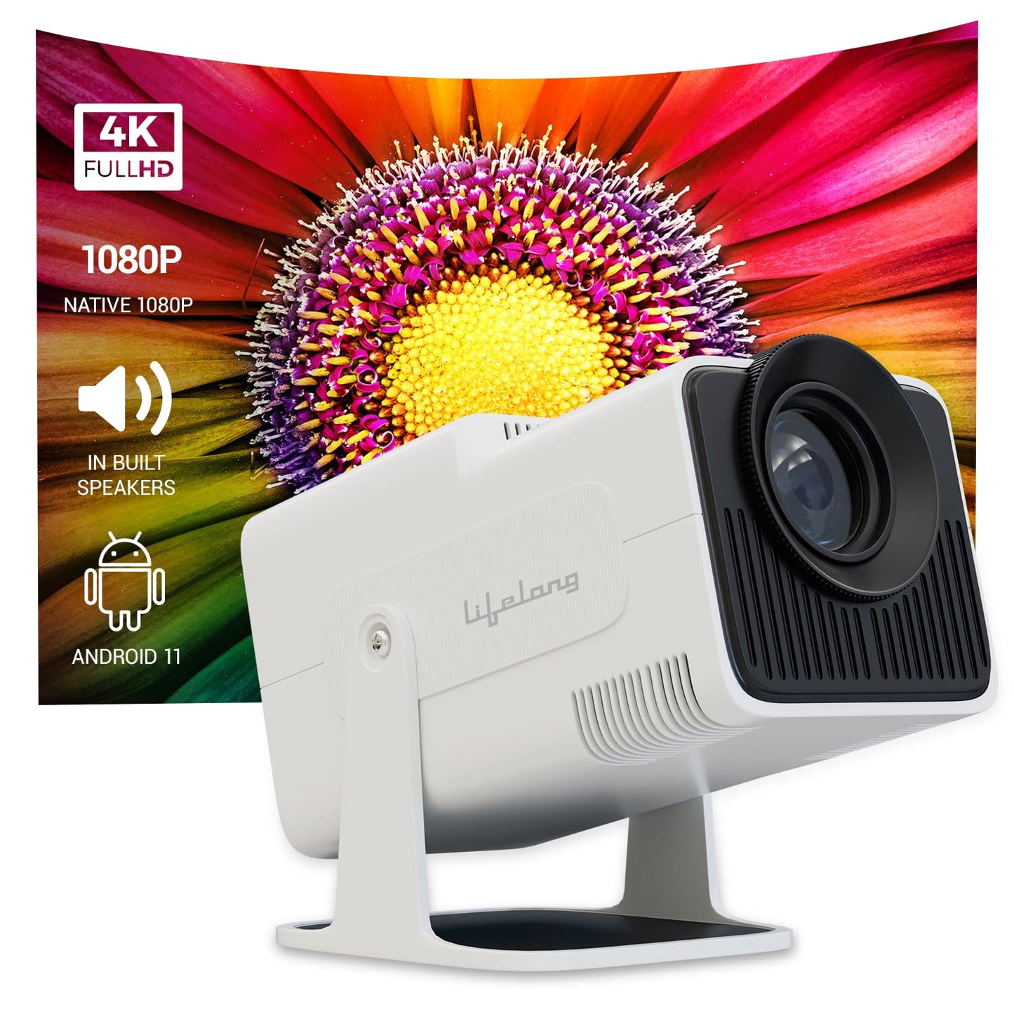 (Open Box) Lifelong Lightbeam Smart Projector for Home 4K Support, Native 720p HD Resolution, 2500 Lumen, Rotabable Design, Speaker, Android 11 with Built-in Apps (Netflix, Prime, Youtube) WiFi, 100''Max Display