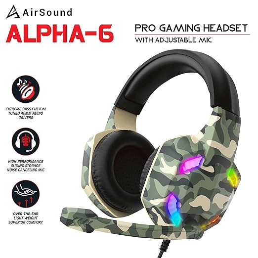 Open Box AirSound Alpha 6 Stereo Gaming Headset for Noise Cancelling Over Ear Headphones with Mic RBG LED Bass Surround Soft Memory Earmuffs for