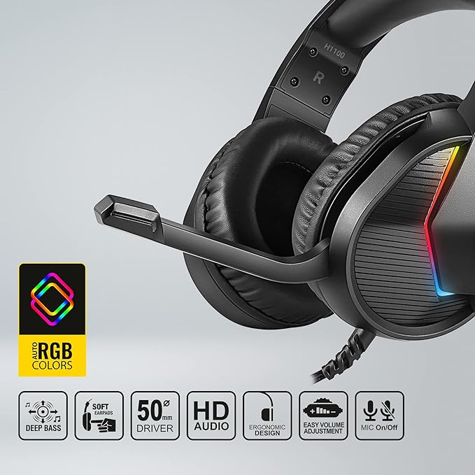 (Open Box) Ant Esports H1100 Pro RGB Wired Over Ear Gaming Headphones with Mic for PC / PS4 / PS5 / Xbox One / Switch1, Carbon Black