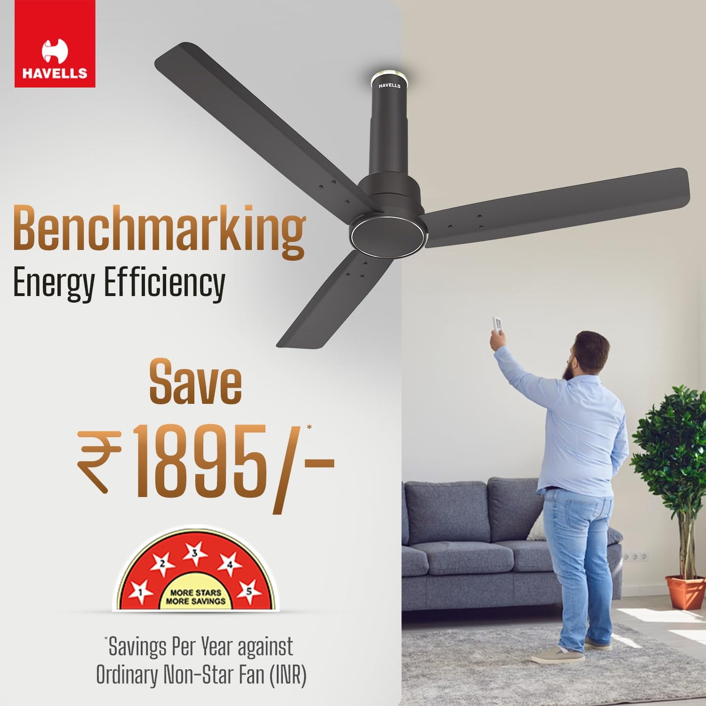 Havells 1200mm Elio BLDC Ceiling Fan | Remote Controlled, High Air Delivery Fan | 5 Star Rated, Upto 60% Energy Saving, 2+1* Year Warranty | (Pack of 1, Smoke Brown)