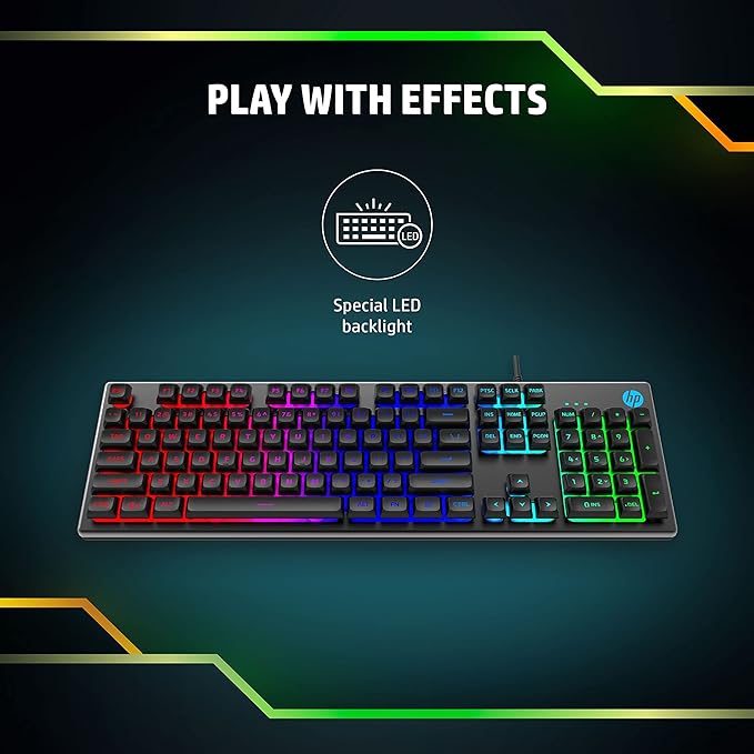 (Open Box) HP K500F Backlit Membrane Wired Gaming Keyboard with Mixed Color Lighting, Metal Panel with Logo Lighting, 26 Anti-Ghosting Keys, and Windows Lock Key (7ZZ97AA)