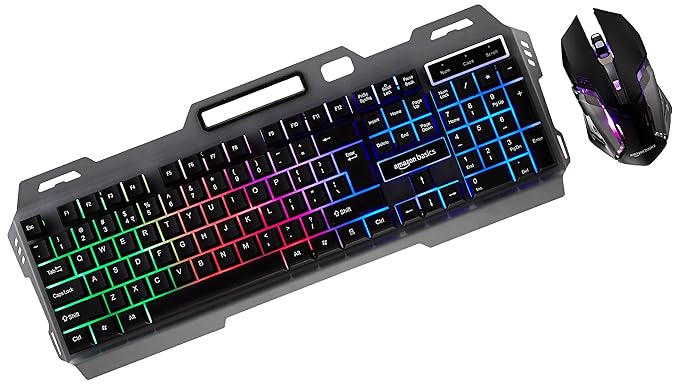 (Open Box) Amazon Basics Wired Gaming Keyboard and Mouse Combo | Multicolor RGB LED Backlight Effects, Multimedia Keys, Durable Aluminum Body