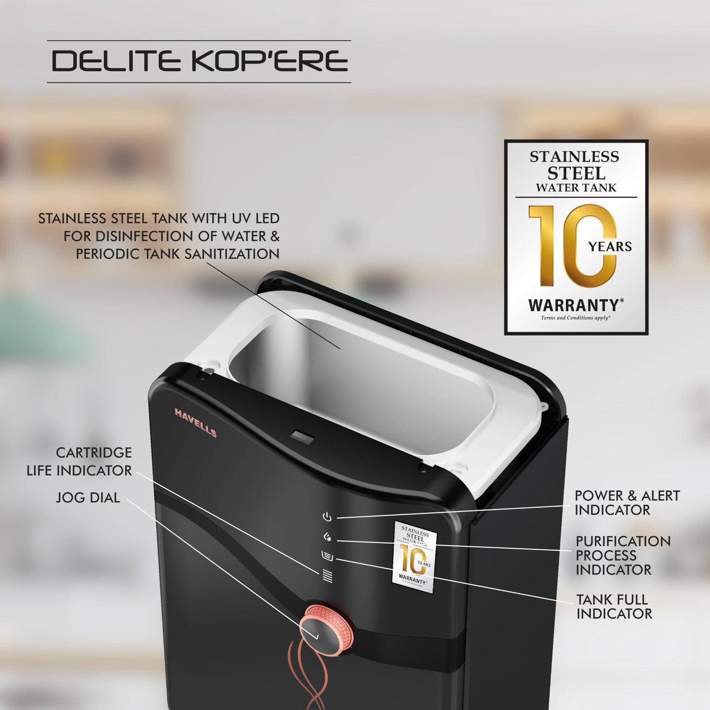 Havells Delite Kop'ere Water Purifier (Black), RO+UV+pH Balance, 7 Stages, 6.5L Stainless Steel Tank,Copper+Zinc+Minerals, Suitable for Borwell, Tanker & Municipal Water