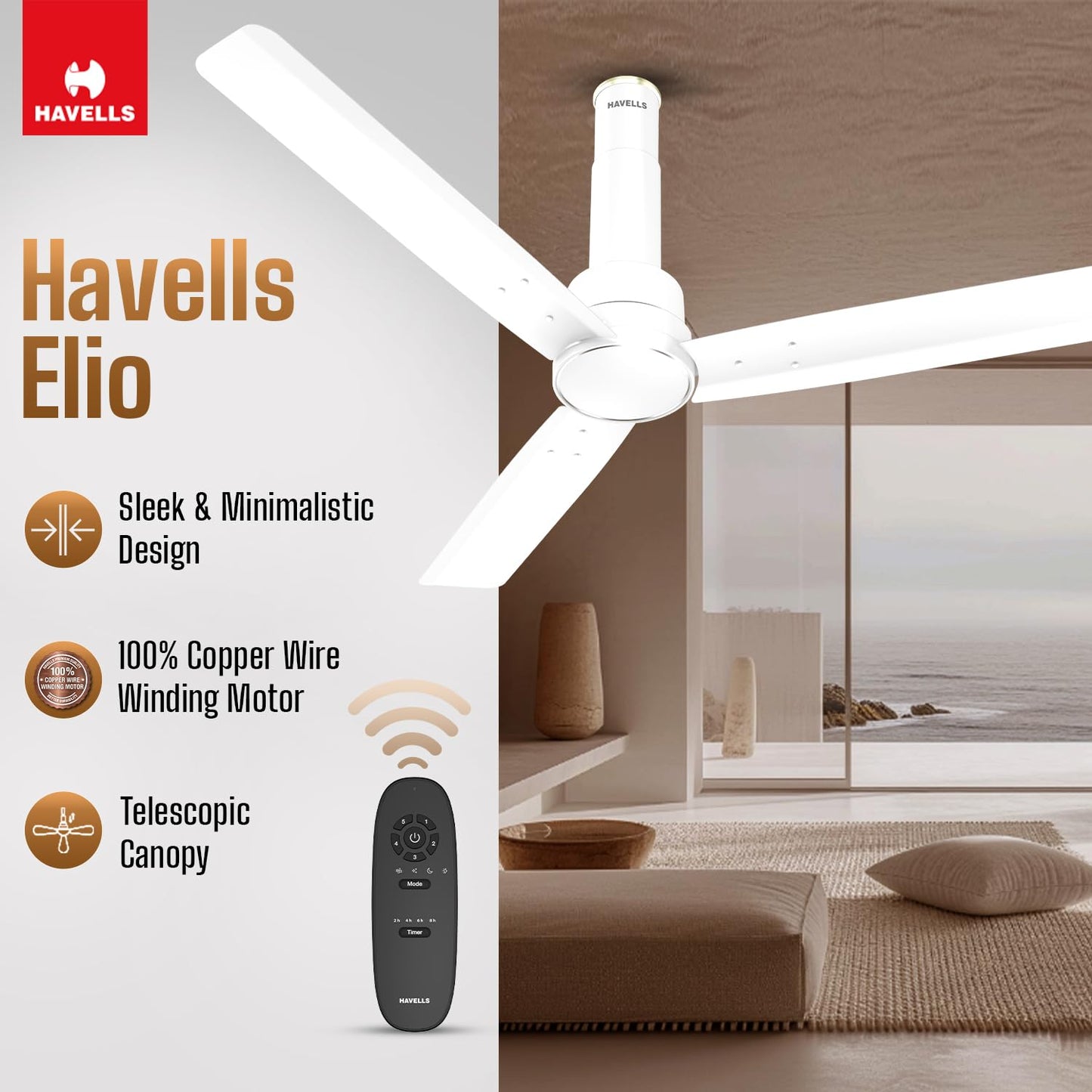 Havells 1200mm Elio BLDC Ceiling Fan | Remote Controlled, High Air Delivery Fan | 5 Star Rated, Upto 60% Energy Saving, 2+1* Year Warranty | (Pack of 1, Smoke Brown)