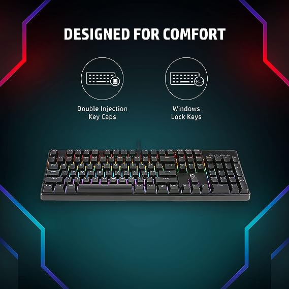 (Open Box) HP GK320 Wired Full Size RGB Backlight Mechanical Gaming Keyboard, 4 LED Indicators, Mechanical Switches, Double Injection Key Caps, and Windows Lock Key