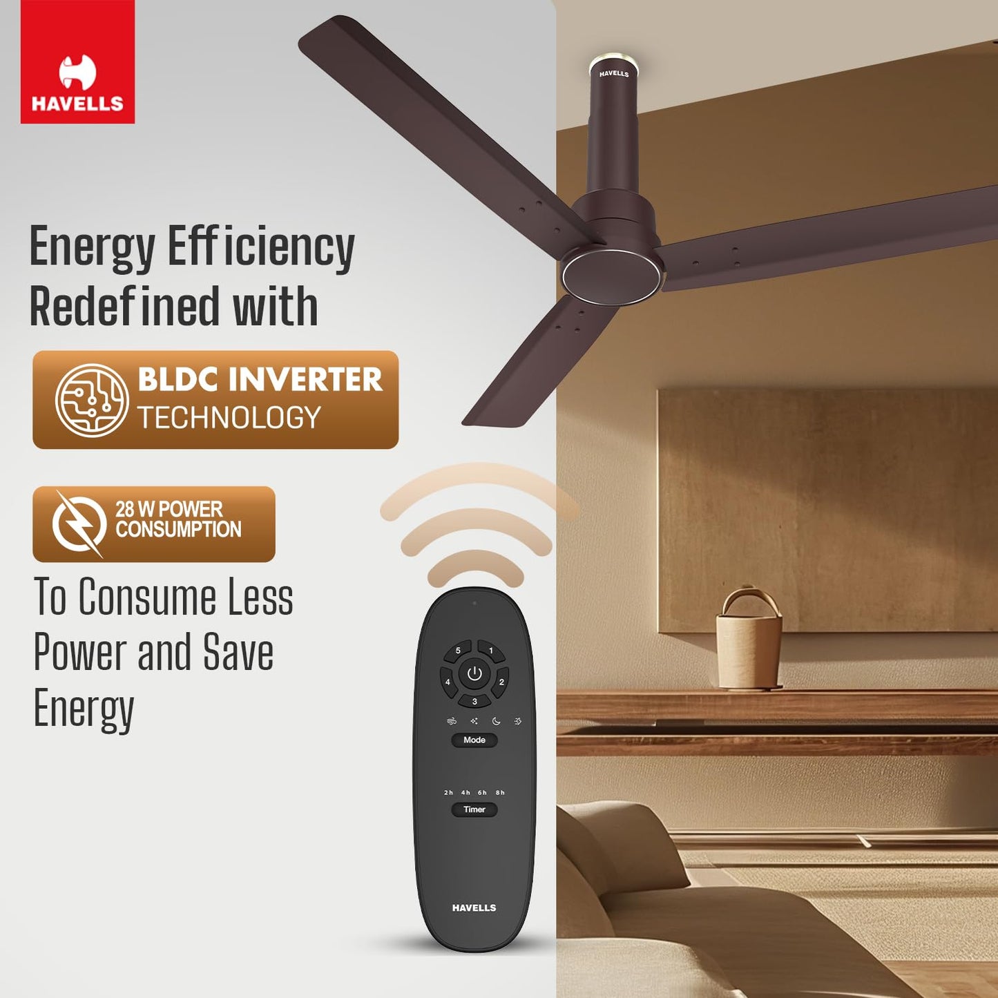 Havells 1200mm Elio BLDC Ceiling Fan | Remote Controlled, High Air Delivery Fan | 5 Star Rated, Upto 60% Energy Saving, 2+1* Year Warranty | (Pack of 1, Smoke Brown)