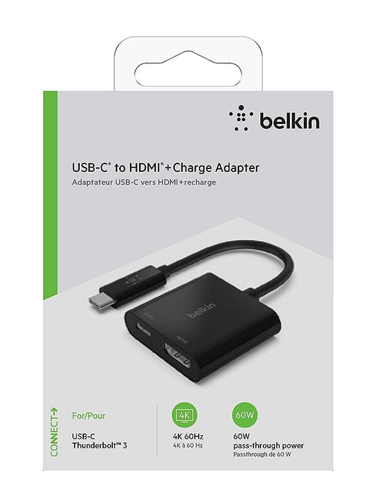 (Open Box) Belkin USB-C to HDMI Adapter + Charge (Supports 4K UHD Video, Pass-Through Power up to 60W for Connected Devices) HDMI Adapter- Black