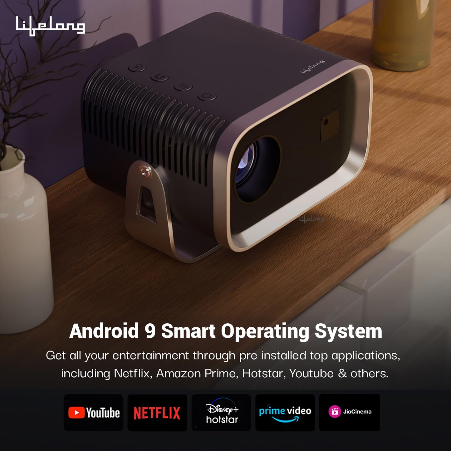 (Open Box) Lifelong Lightbeam Smart Projector for Home 4K Support, Native 720p HD Resolution, 2500 Lumen, Rotabable Design, Speaker, Android 11 with Built-in Apps (Netflix, Prime, Youtube) WiFi, 100''Max Display