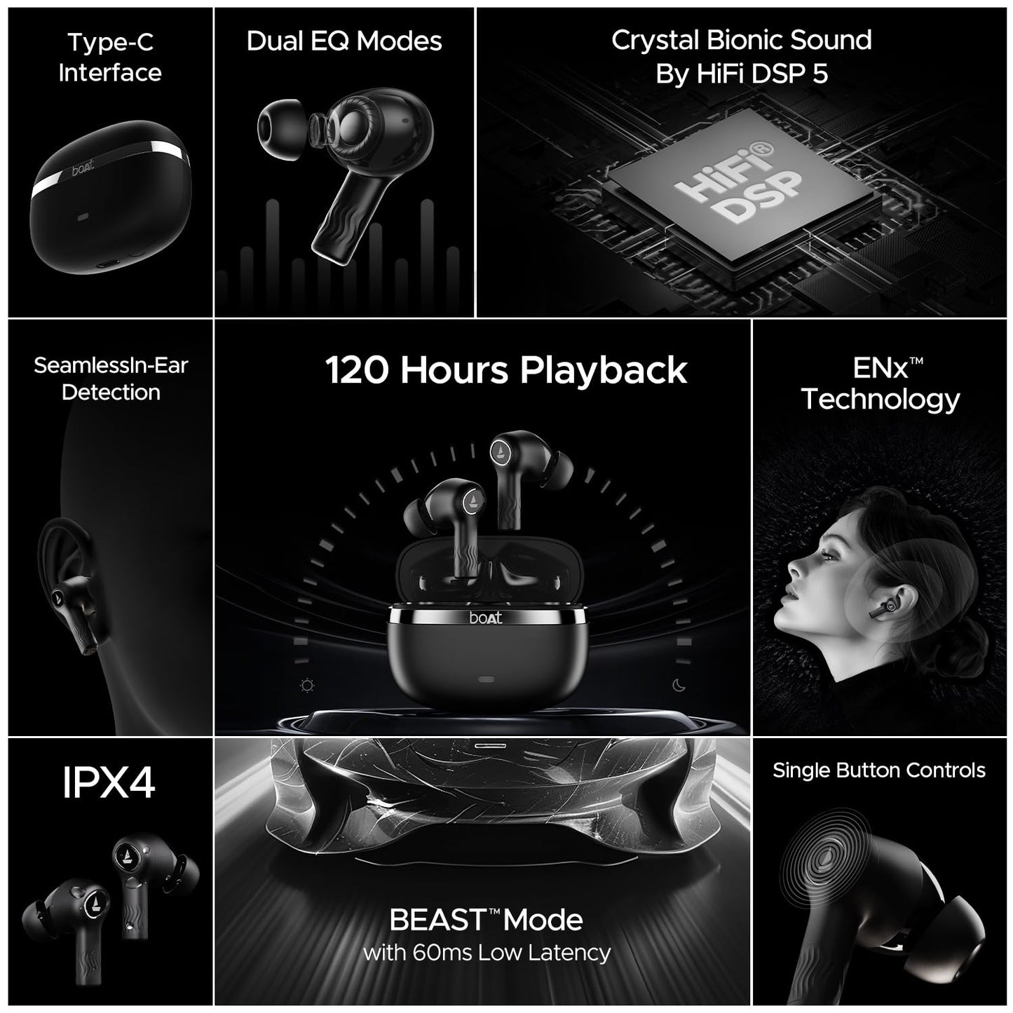 (Open Box) boAt Nirvana Ion ANC 120HRS Battery, Crystal Bionic Sound w/Dual EQ Modes, 4Mics ENx, App Support, Low Latency, IPX4, v.5.2 Bluetooth TWS in Ear Earbuds Wireless Earphones with mic