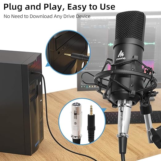 (Open Box) MAONO AU-A03 Condenser Microphone Kit Podcast Mic with Boom Arm Microphone Stand (Black)