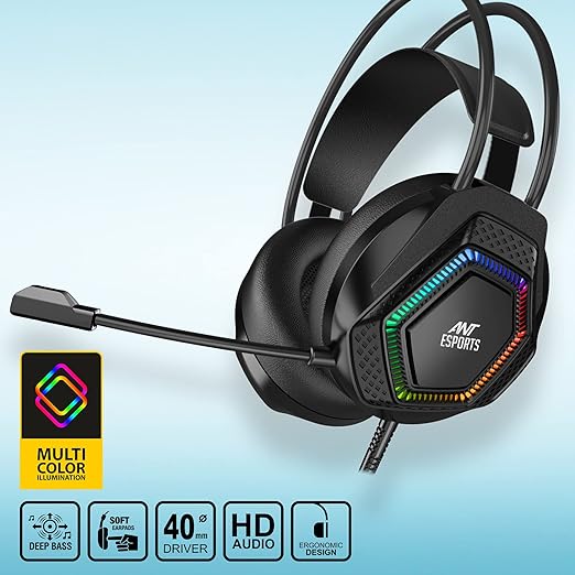 (Open Box) Ant Esports H560 Lightweight RGB Gaming Over Ear Wired Headphones with Mic|3.5MM Jack| Deep Bass| 40 MM Drivers | Compatible with PC/ PS4 / Xbox One/Nintendo/Mobile (Black)