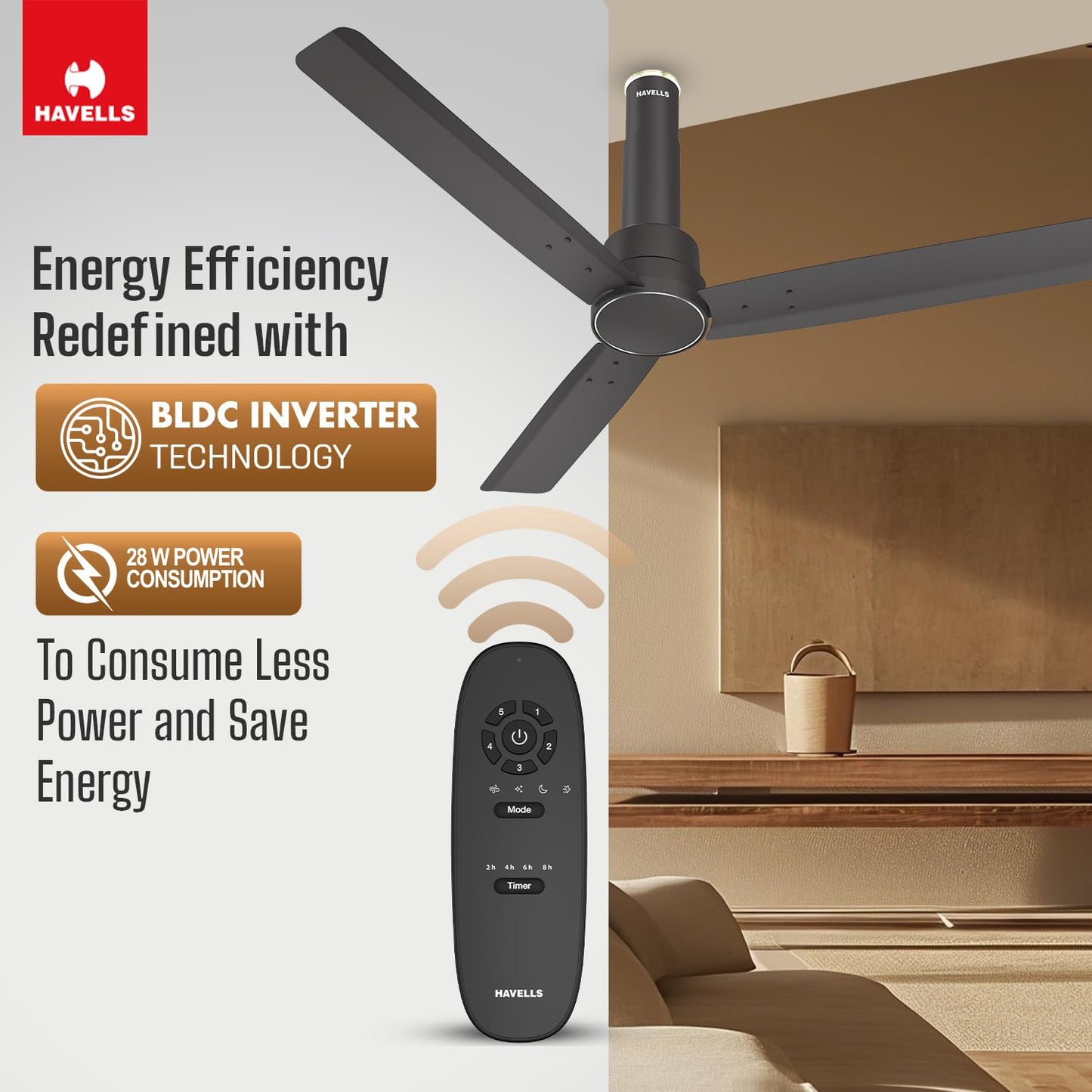 Havells 1200mm Elio BLDC Ceiling Fan | Remote Controlled, High Air Delivery Fan | 5 Star Rated, Upto 60% Energy Saving, 2+1* Year Warranty | (Pack of 1, Smoke Brown)