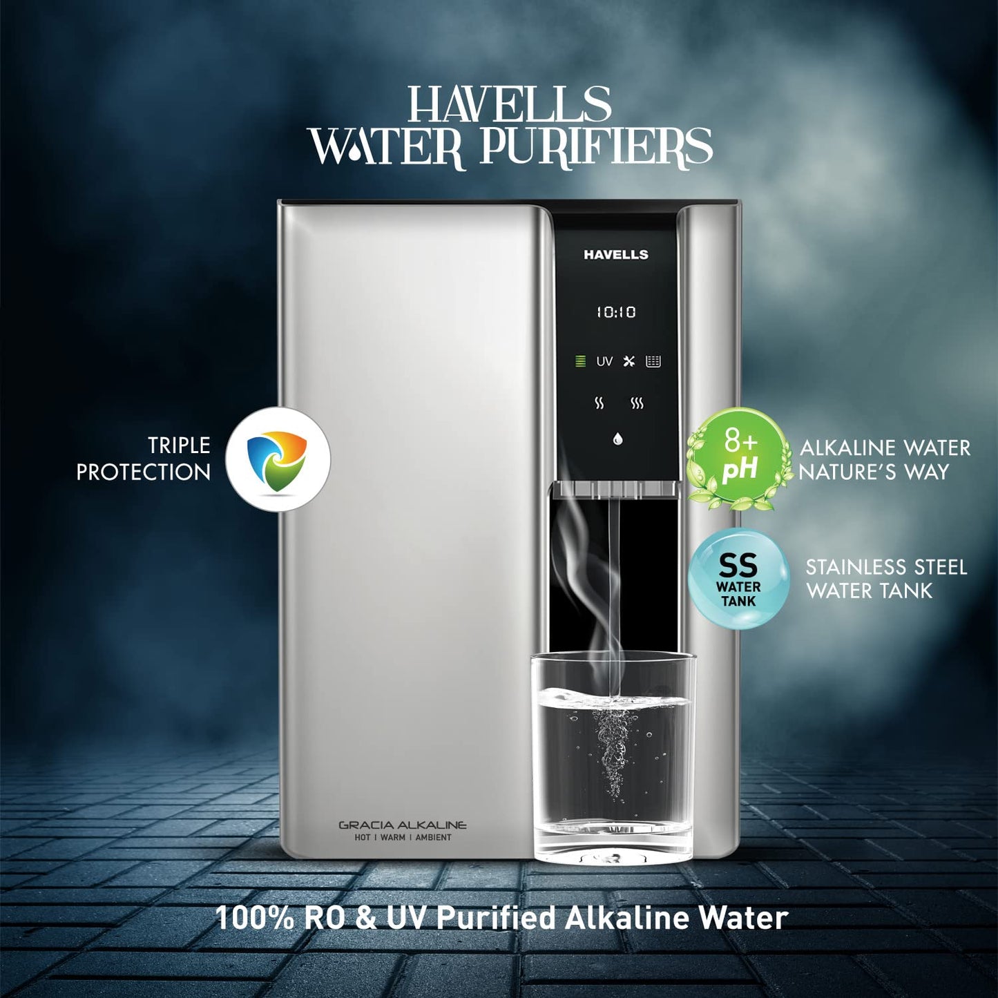 Havells Gracia Alkaline Water Purifier (Silver & Black), RO+UV+Alkaline, Hot, Warm & Ambient Water, Copper+Zinc, 8 Stage Purification, 7.5L SS Tank, Suitable for Borwell, Tanker & Municipal Water