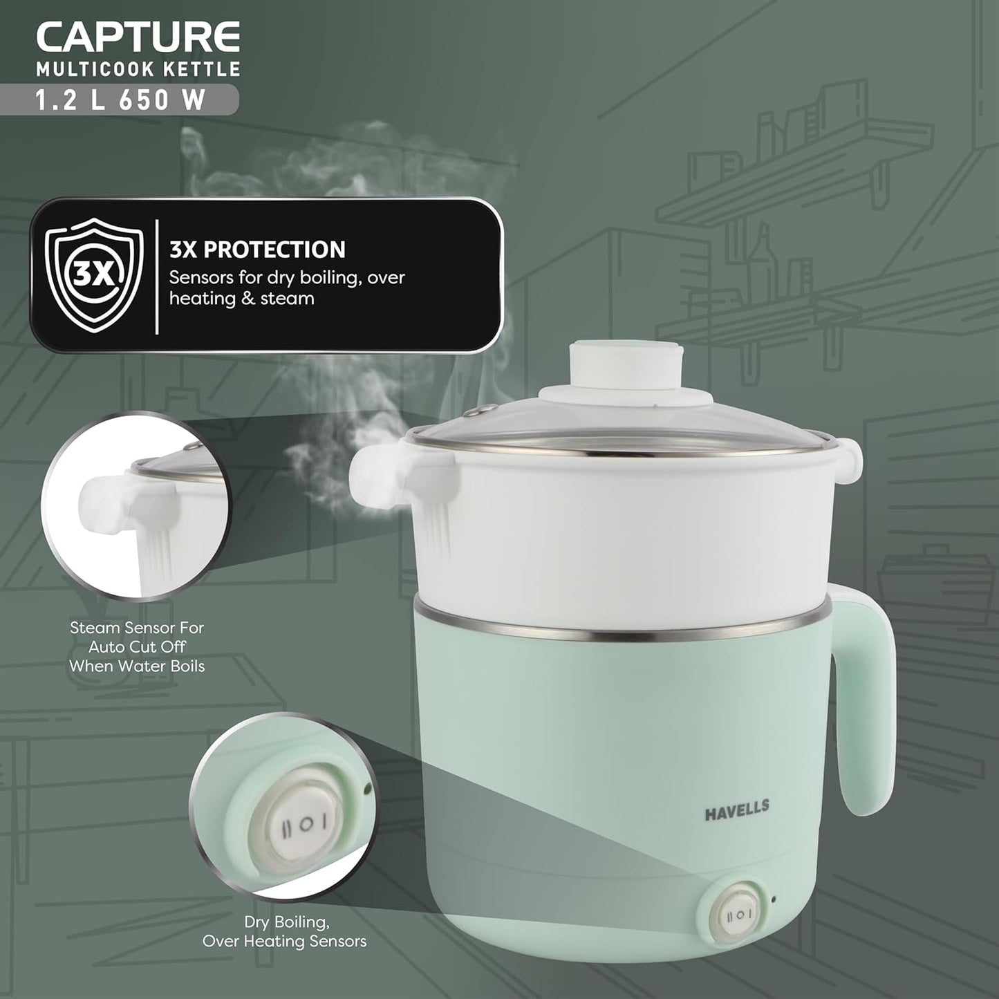 Havells Capture 1.2 Ltr Multi Cook Kettle with Steamer Basket| 304 SS Rust Resistant Body | Wider Mouth| Keep Warm Function | Steam Sensor Auto Cut Off | Cool Touch Outer Body | 2 Yr Warranty