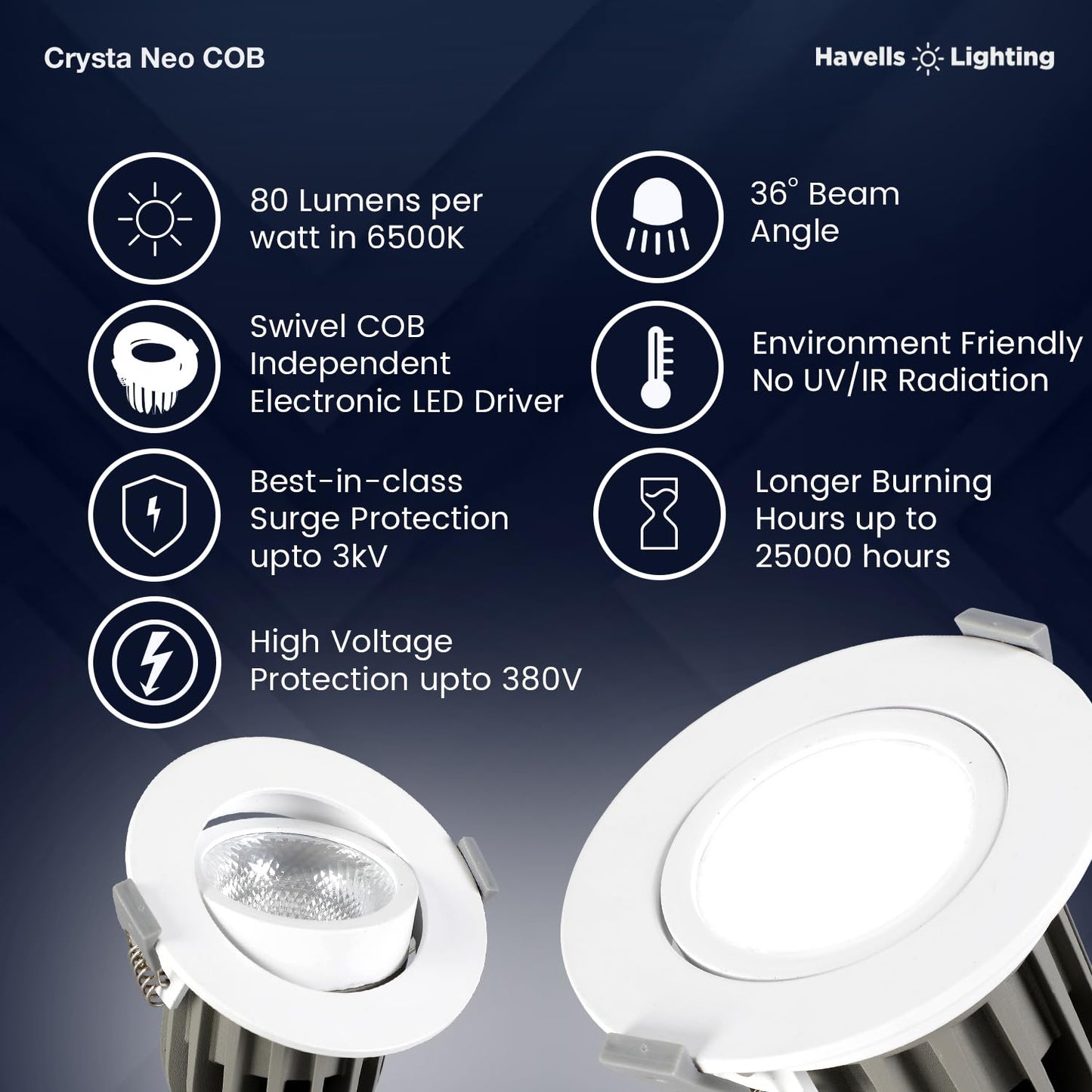 Havells Crysta Neo 18W Recessed Downlighter | Cool White | Energy Efficient | Surge Protection Upto 3KV| Premium Compact Ceiling Light for Home and Office | BIS Approved|Pack of 1