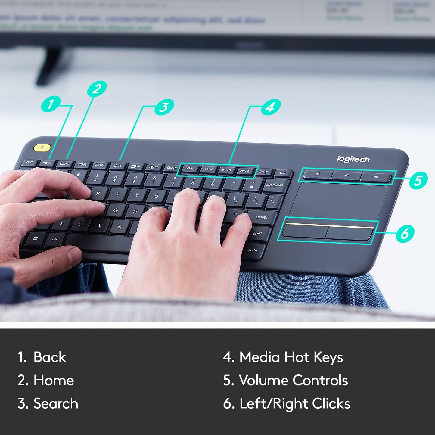 (Open Box) Logitech K400 Plus Wireless Touch TV Keyboard with Easy Media Control and Built-in Touchpad, HTPC Keyboard for PC-Connected TV, Windows, Android, Chrome OS, Laptop, Tablet - Black